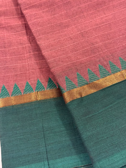 Traditional Kanchi Cotton - Dusty Mauve Pink with Sea Green - TKCEQ018