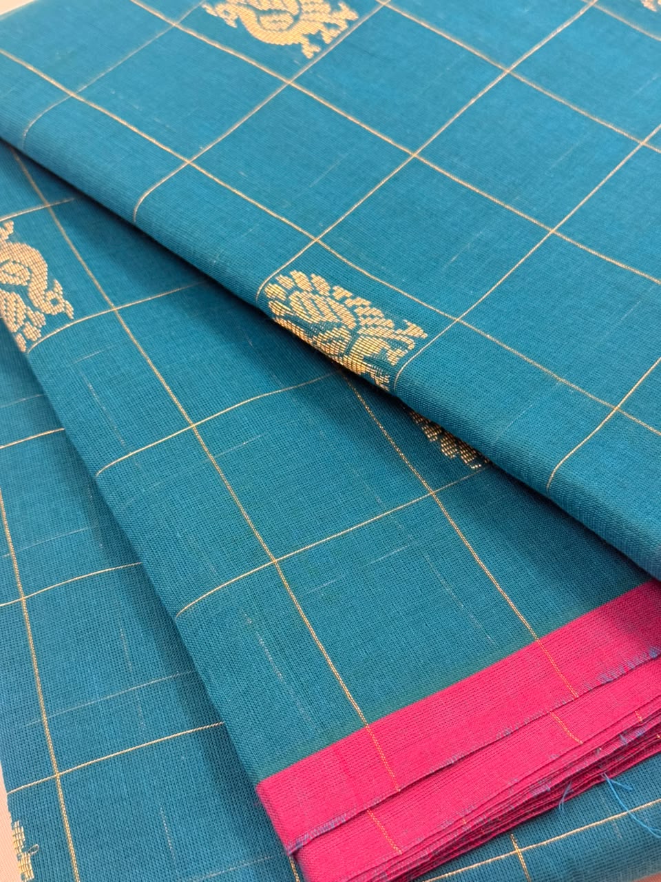 Traditional Kanchi Cotton - Sky Blue with Bright Rani Pink - TKCEQ021