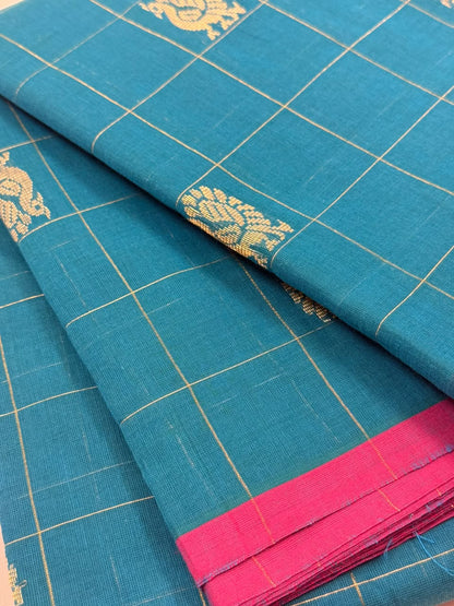 Traditional Kanchi Cotton - Sky Blue with Bright Rani Pink - TKCEQ021