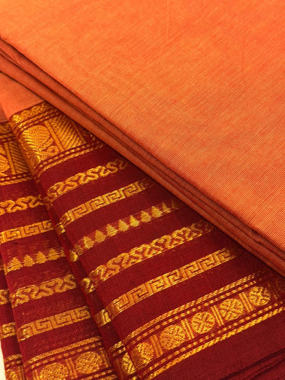 Traditional Kanchi Cotton -  Vibrant Peach Orange with Deep Maroon - TKCEQ019