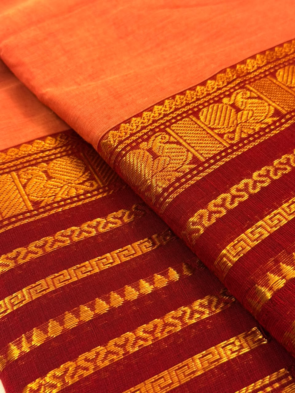 Traditional Kanchi Cotton -  Vibrant Peach Orange with Deep Maroon - TKCEQ019