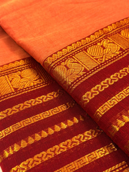 Traditional Kanchi Cotton -  Vibrant Peach Orange with Deep Maroon - TKCEQ019