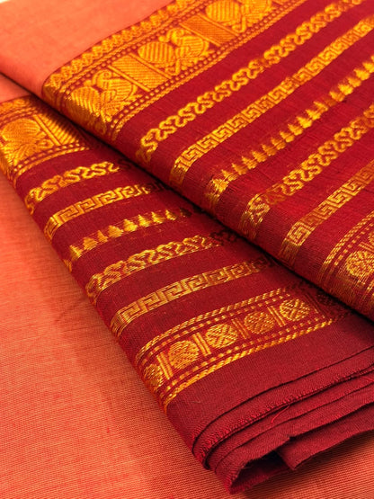 Traditional Kanchi Cotton -  Vibrant Peach Orange with Deep Maroon - TKCEQ019