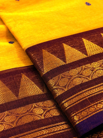 Traditional Kanchi Cotton - Bright Yellow with Deep Violet Lavender - TKCEQ020