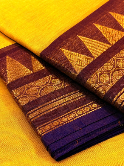 Traditional Kanchi Cotton - Bright Yellow with Deep Violet Lavender - TKCEQ020