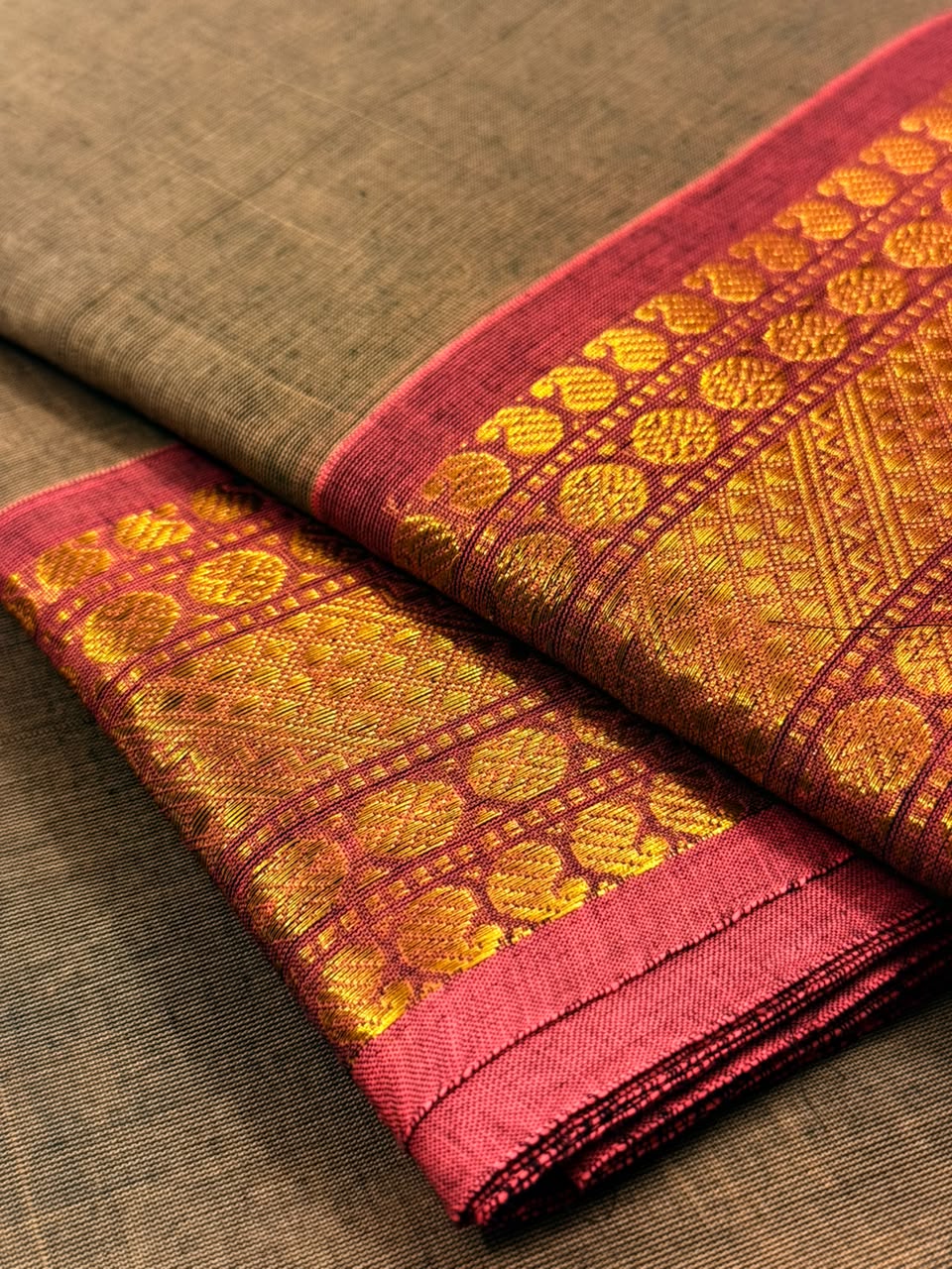 Traditional Kanchi Cotton - Steel Grey with Deep Pink - TKCEQ022