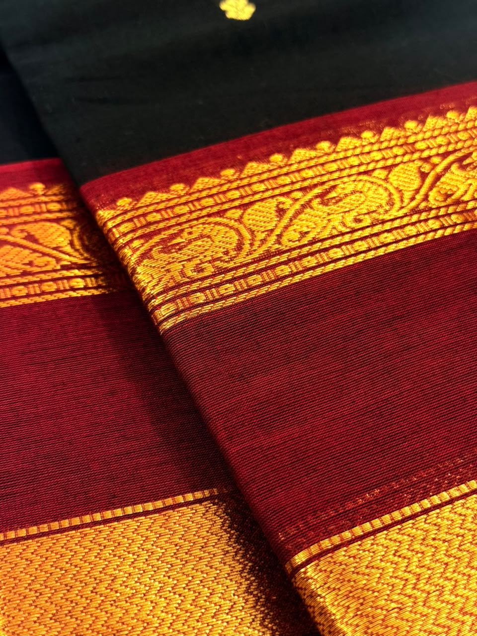 Traditional Kanchi Cotton - Jet Black with Deep Maroon - TKCEQ023