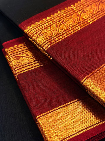 Traditional Kanchi Cotton - Jet Black with Deep Maroon - TKCEQ023