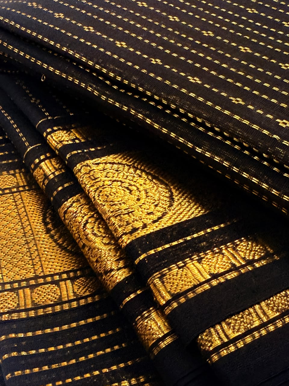 Traditional Kanchi Cotton - Jet Black with Luxurious Gold Zari Vaira Oosi - TKCEQ024