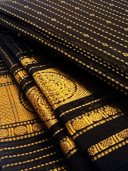 Traditional Kanchi Cotton - Jet Black with Luxurious Gold Zari Vaira Oosi - TKCEQ024