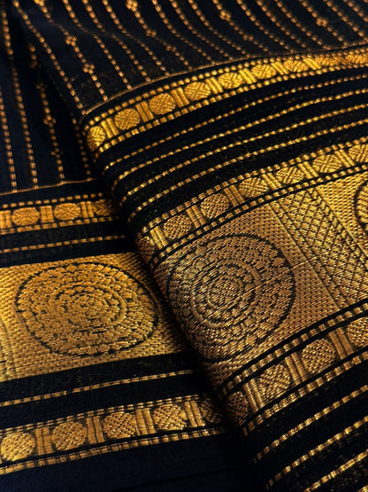 Traditional Kanchi Cotton - Jet Black with Luxurious Gold Zari Vaira Oosi - TKCEQ024