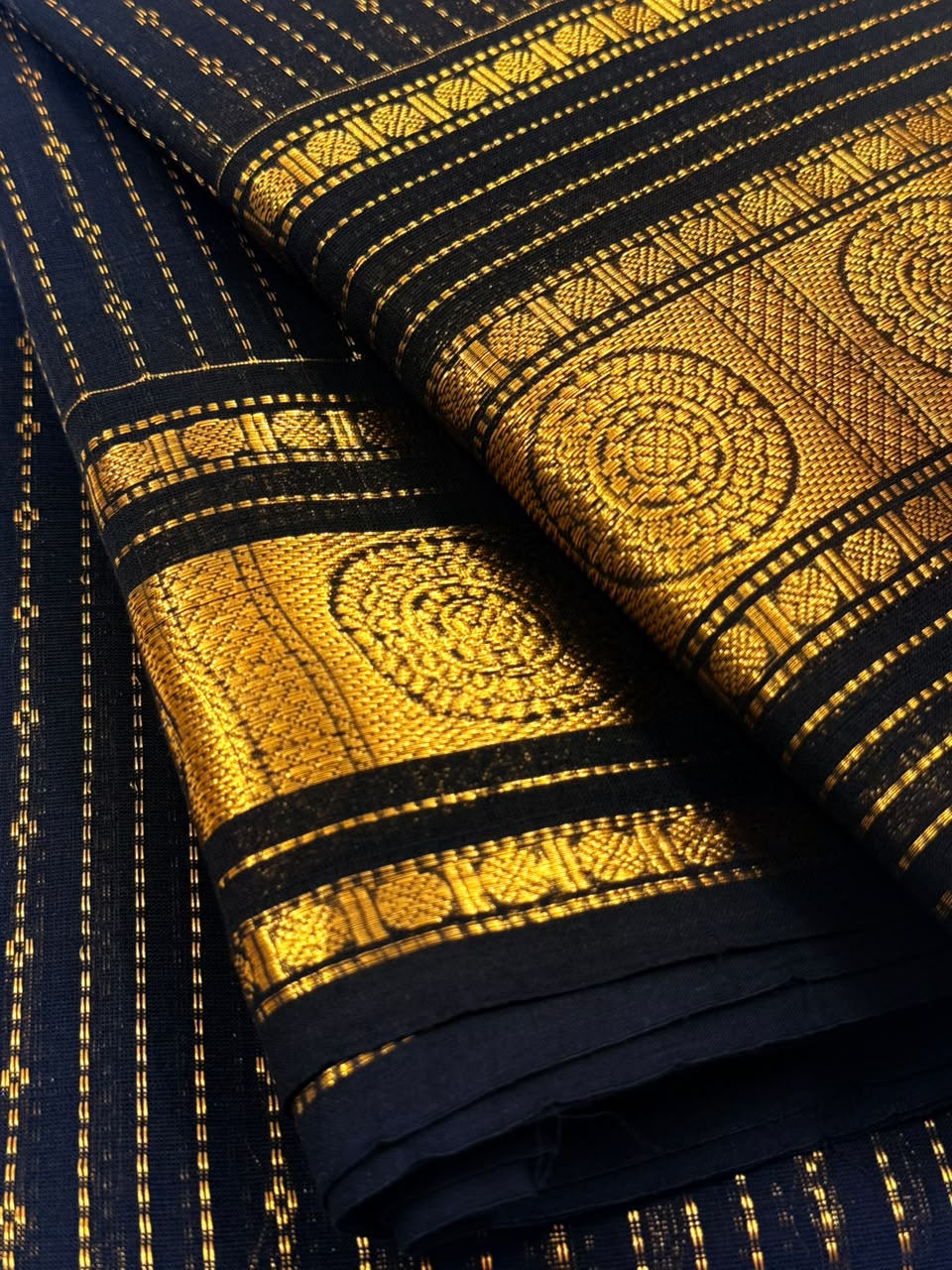 Traditional Kanchi Cotton - Jet Black with Luxurious Gold Zari Vaira Oosi - TKCEQ024
