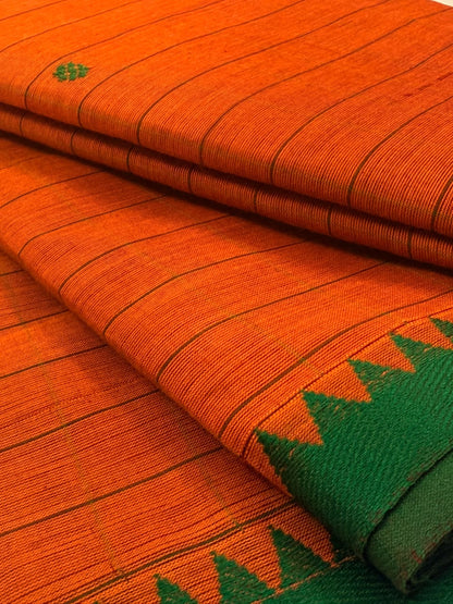 Traditional Kanchi Cotton - Bright Carrot Orange with Bottle Green - TKCEQ026