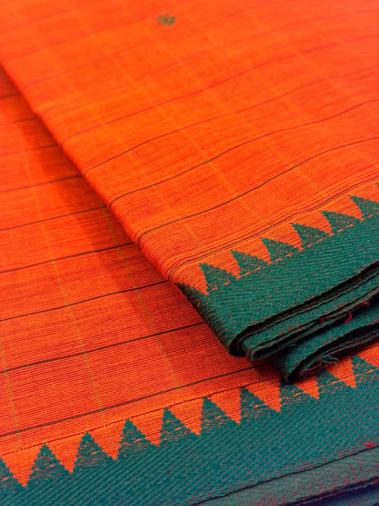 Traditional Kanchi Cotton - Bright Carrot Orange with Bottle Green - TKCEQ026