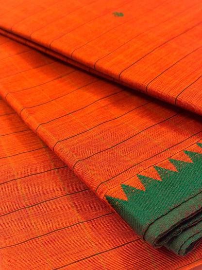 Traditional Kanchi Cotton - Bright Carrot Orange with Bottle Green - TKCEQ026