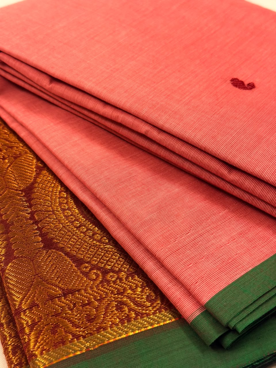 Traditional Kanchi Cotton - Soft Coral Pink with Bottle Green Selvage & Deep Maroon - TKCEQ025