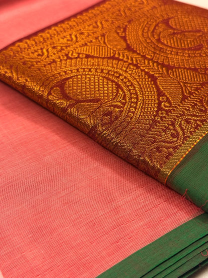Traditional Kanchi Cotton - Soft Coral Pink with Bottle Green Selvage & Deep Maroon - TKCEQ025