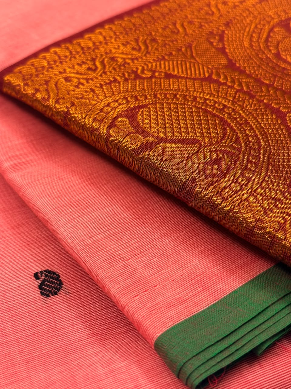 Traditional Kanchi Cotton - Soft Coral Pink with Bottle Green Selvage & Deep Maroon - TKCEQ025