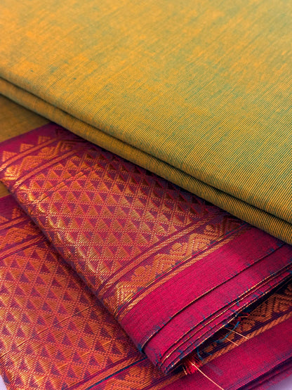 Traditional Kanchi Cotton - Olive Lime Green with Magenta Purple & Gold Zari - TKCEQ030