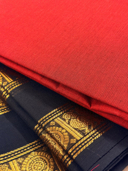 Traditional Kanchi Cotton - Rust Red with Black Gold Zari Rettapetta Border  - TKCEQ032