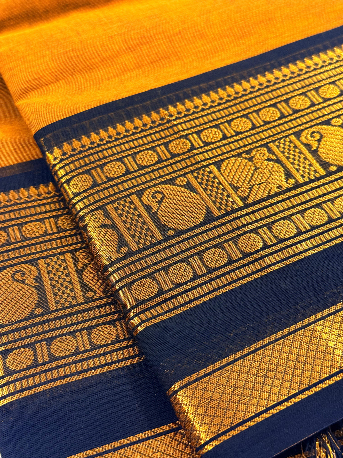 Traditional Kanchi Cotton - Bright Mustard Yellow with Black & Gold Zari - TKCEQ033