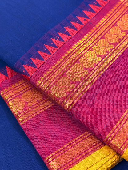 Traditional Kanchi Cotton -  Royal Blue with Rani Pink & Gold Zari  - TKCEQ034