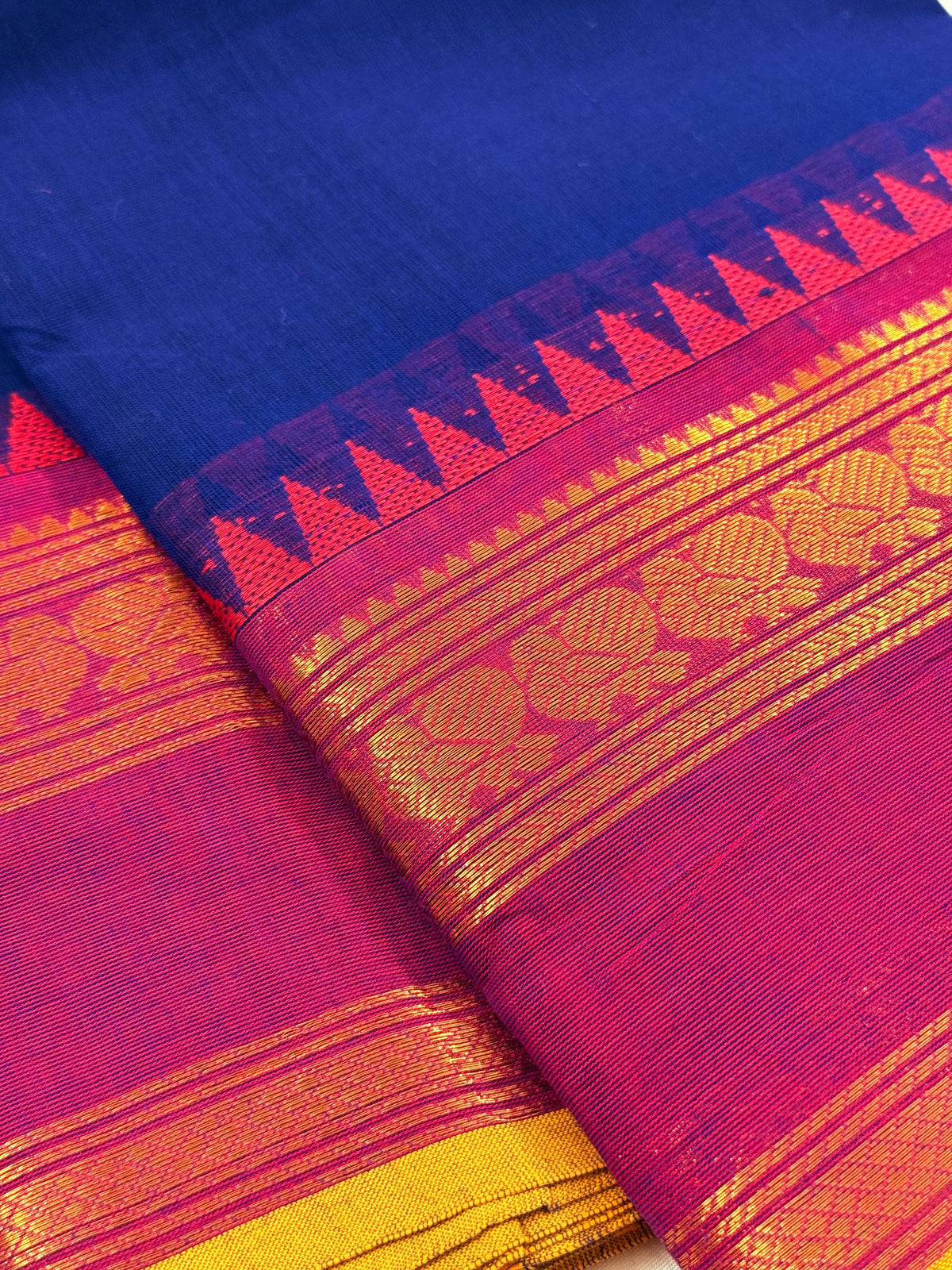 Traditional Kanchi Cotton -  Royal Blue with Rani Pink & Gold Zari  - TKCEQ034