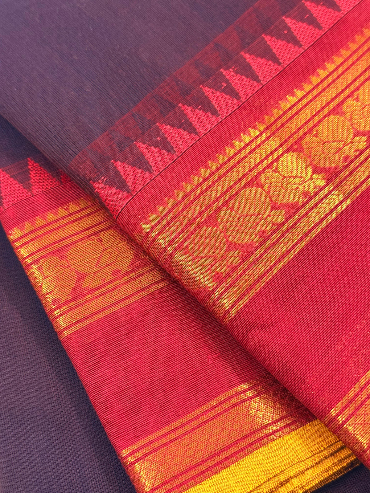 Traditional Kanchi Cotton - Coffee Brown with Bright Pink & Gold Zari Border and Yellow Edge  - TKCEQ035