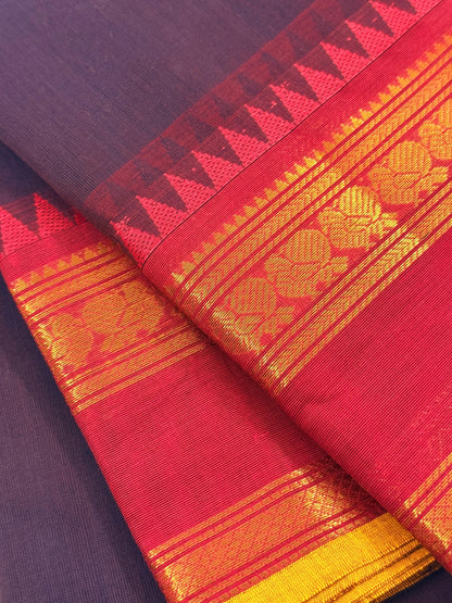 Traditional Kanchi Cotton - Coffee Brown with Bright Pink & Gold Zari Border and Yellow Edge  - TKCEQ035