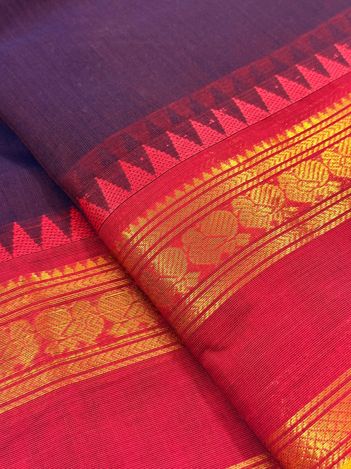 Traditional Kanchi Cotton - Coffee Brown with Bright Pink & Gold Zari Border and Yellow Edge  - TKCEQ035