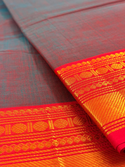 Traditional Kanchi Cotton - Ash Green Dual Tone with Strawberry Pink & Gold Zari  - TKCEQ037