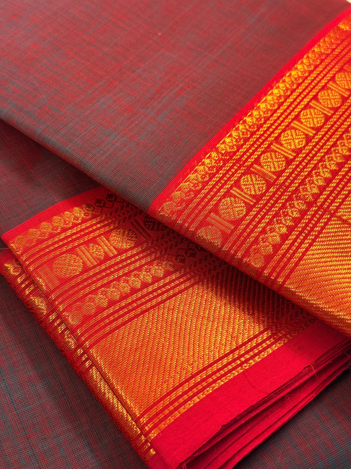 Traditional Kanchi Cotton - Ash Green Dual Tone with Strawberry Pink & Gold Zari  - TKCEQ037
