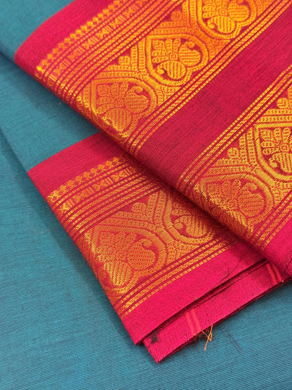 Traditional Kanchi Cotton -  Teal Blue with Magenta Pink & Gold Zari - TKCEQ038
