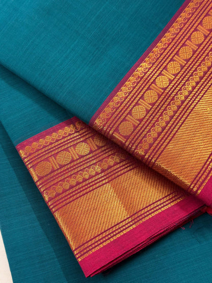 Traditional Kanchi Cotton - Peacock Teal with Deep Pink & Gold Zari - TKCEQ039
