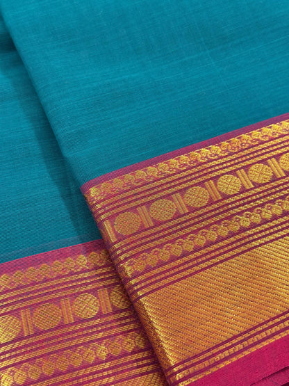 Traditional Kanchi Cotton - Peacock Teal with Deep Pink & Gold Zari - TKCEQ039