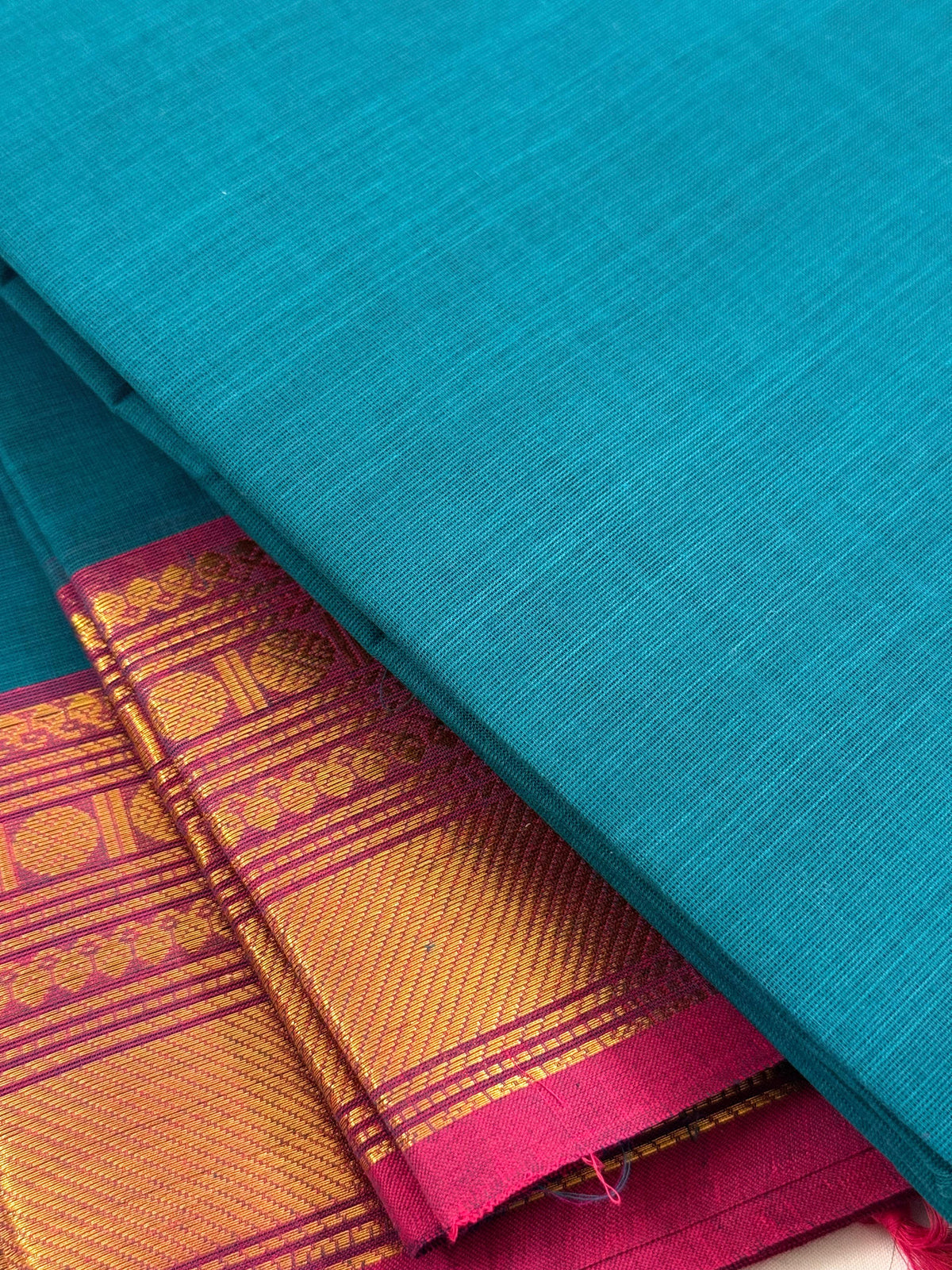 Traditional Kanchi Cotton - Peacock Teal with Deep Pink & Gold Zari - TKCEQ039