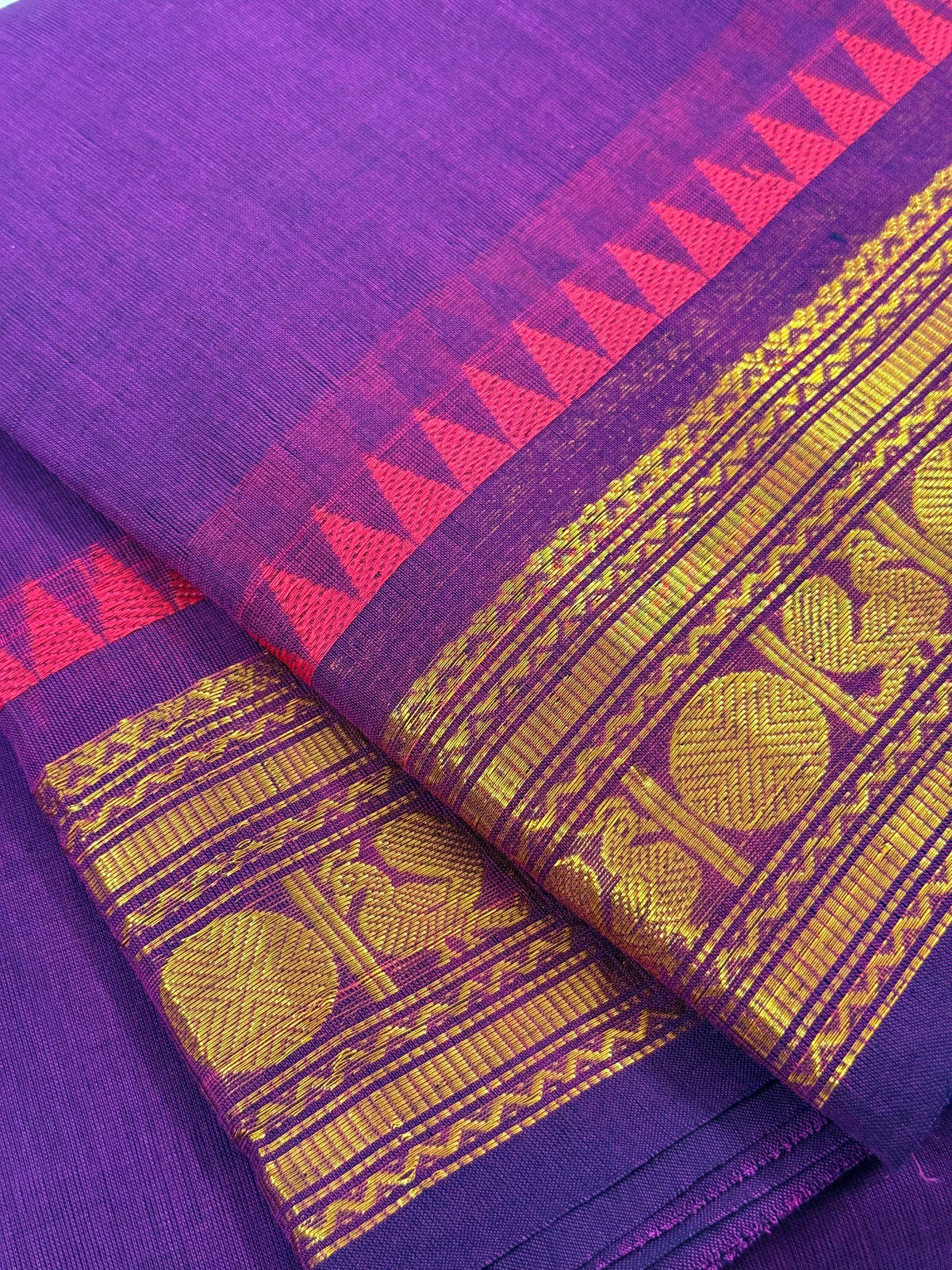 Traditional Kanchi Cotton -  Deep Purple with Pink Korvai & Gold Zari  - TKCEQ040