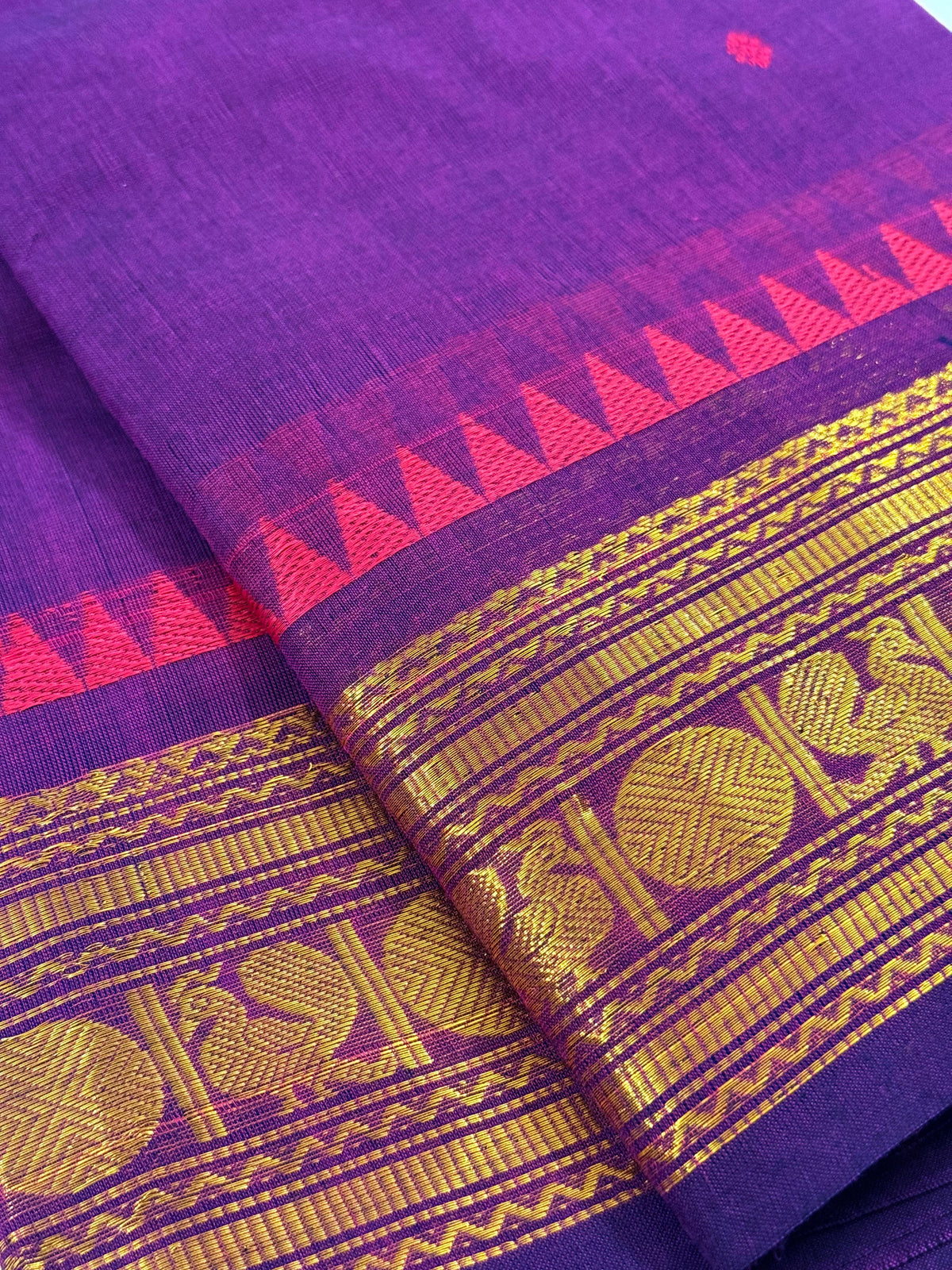 Traditional Kanchi Cotton -  Deep Purple with Pink Korvai & Gold Zari  - TKCEQ040
