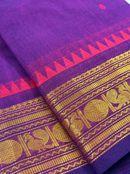 Traditional Kanchi Cotton -  Deep Purple with Pink Korvai & Gold Zari  - TKCEQ040