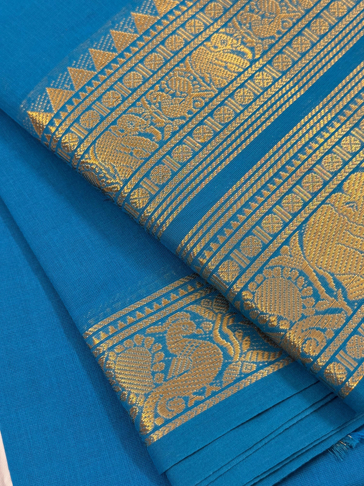 Traditional Kanchi Cotton -  Bright Sky Blue with Gold Zari  - TKCEQ041