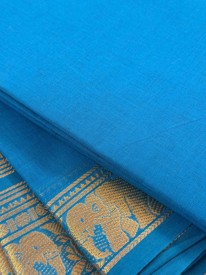 Traditional Kanchi Cotton -  Bright Sky Blue with Gold Zari  - TKCEQ041