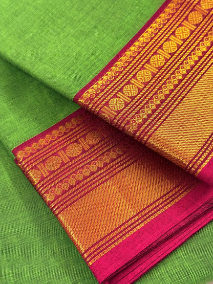 Traditional Kanchi Cotton - Neon Green with Magenta Pink & Gold Zari - TKCEQ042