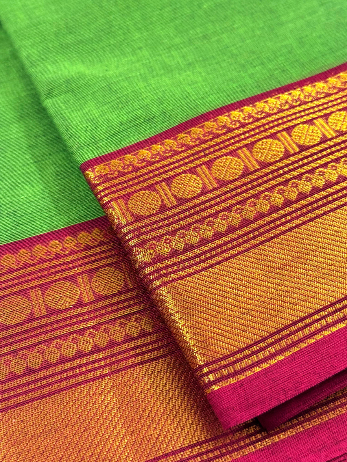 Traditional Kanchi Cotton - Neon Green with Magenta Pink & Gold Zari - TKCEQ042