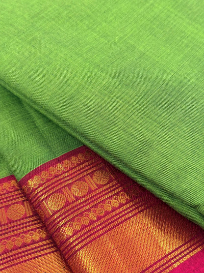 Traditional Kanchi Cotton - Neon Green with Magenta Pink & Gold Zari - TKCEQ042