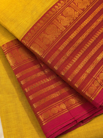 Traditional Kanchi Cotton - Bright Lemon Yellow with Pink & Gold Zari - TKCEQ043