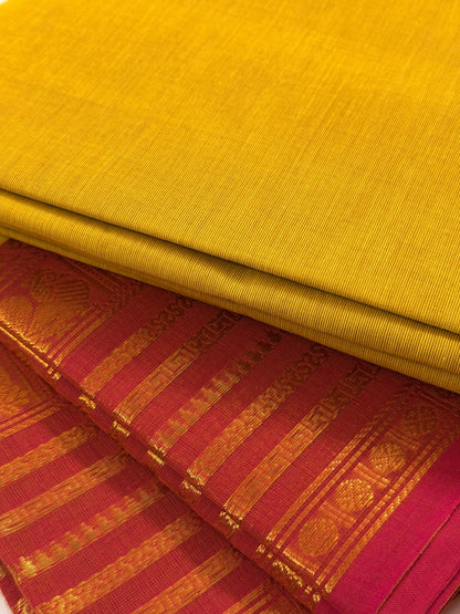 Traditional Kanchi Cotton - Bright Lemon Yellow with Pink & Gold Zari - TKCEQ043
