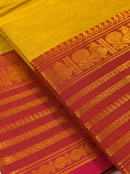 Traditional Kanchi Cotton - Bright Lemon Yellow with Pink & Gold Zari - TKCEQ043