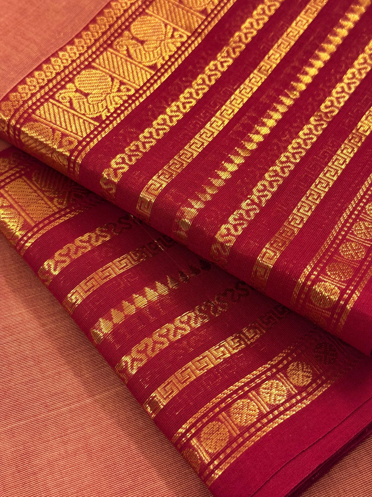 Traditional Kanchi Cotton - Warm Peach with Deep Crimson Pink & Gold Zari - TKCEQ044
