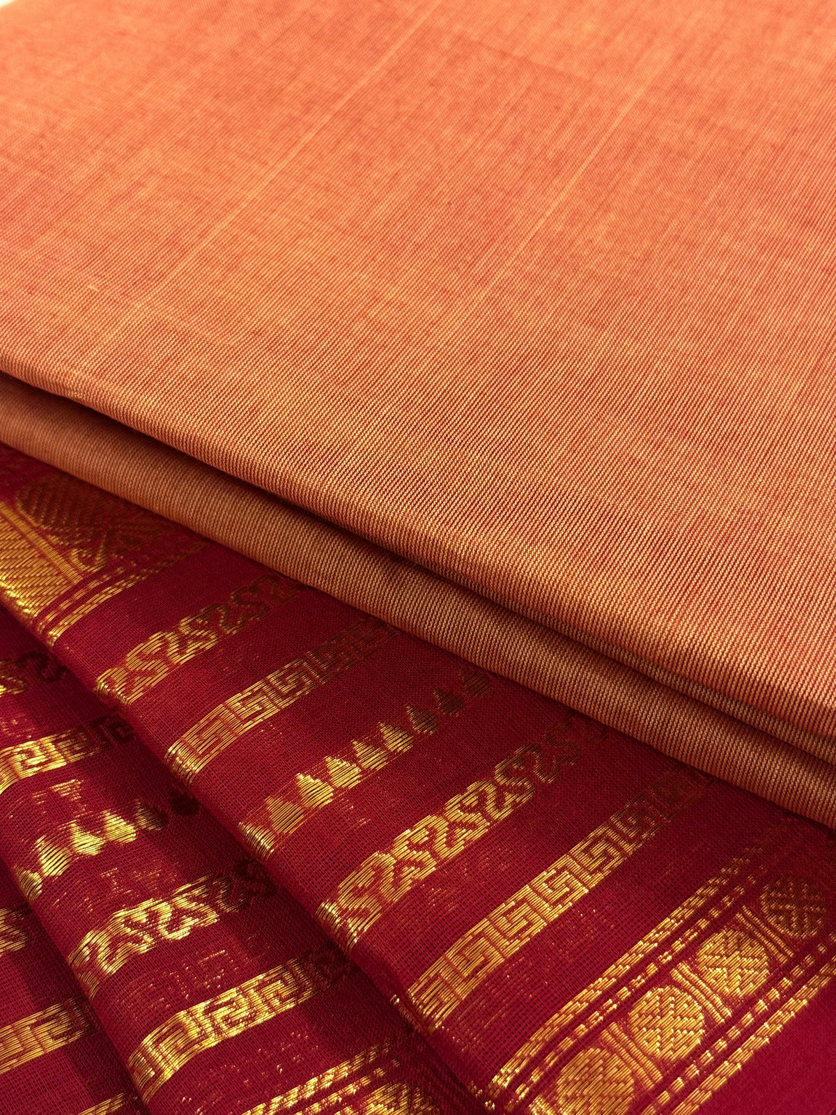 Traditional Kanchi Cotton - Warm Peach with Deep Crimson Pink & Gold Zari - TKCEQ044