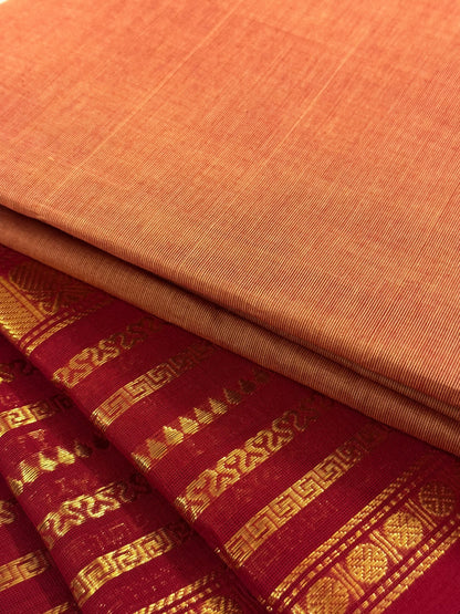 Traditional Kanchi Cotton - Warm Peach with Deep Crimson Pink & Gold Zari - TKCEQ044